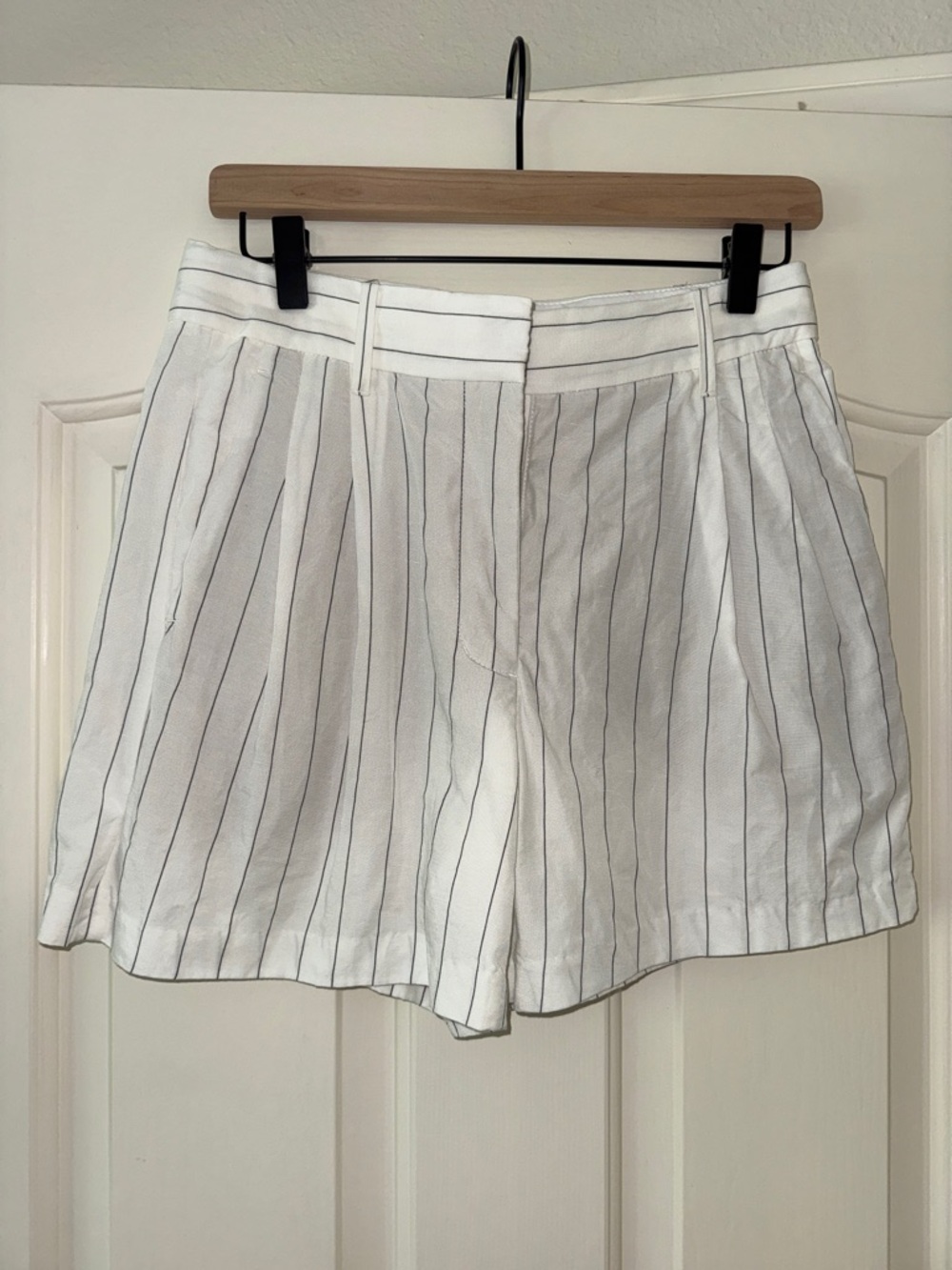 Aritzia Effortless White Linen Shorts with Black Pinstripes